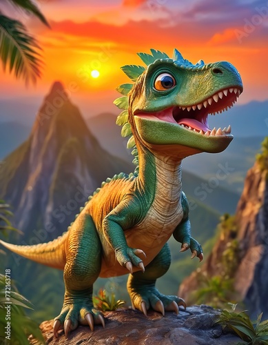 An adorable and baby dinosaur with big color eyes  roaring on the top of a mountain with jungle in the background