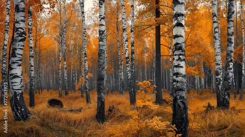 Orange autumn birch forest