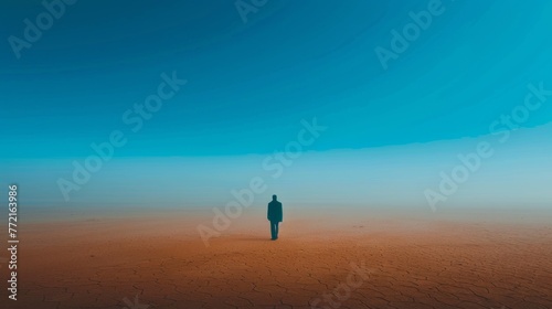 A man standing in the middle of a desert with no one else around, AI
