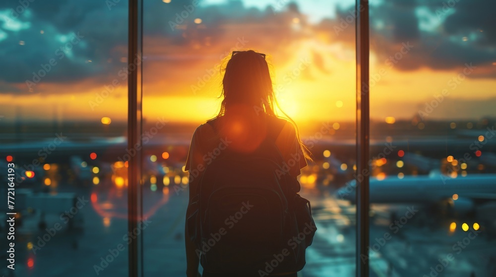 Silhouette of woman standing by window, looking out at airport during sunset, contemplating journey ahead Silhouette of woman standing by window, looking out at airport during sunset, contemplating journey ahead