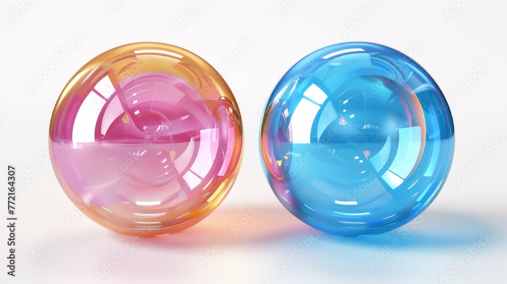 Two glass objects are sitting on a white surface with one being blue and the other pink, AI Two glass objects are sitting on a white surface with one being blue and the other pink, AI