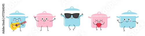 Set character cartoon pan greet jump love run sing saucepan cute smiling face cheerful kawaii joy happy emotions pot vector illustration.
