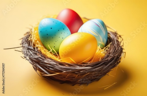Nest with bright colorful eggs on yellow background.