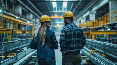 Female engineer and male production manager standing in modern industrial factory, talking about production. Manufacturing facility with robotics and