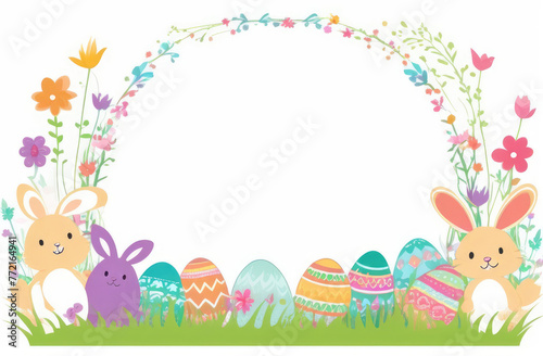 Watercolor Easter frame with Easter bunnies, eggs, flowers and green grass.