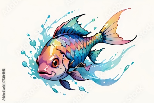 Splashing Fish Illustration. Animated fish in watercolor splashes, ideal for isolated aquatic designs and children's educational content.