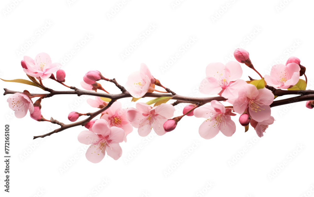 Delicate pink flowers bloom on a branch against a clean white background