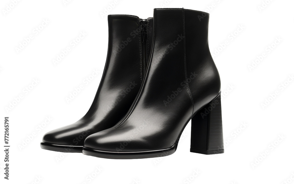 A pair of sleek black high heeled boots standing gracefully on a reflective surface A pair of sleek black high heeled boots standing gracefully on a reflective surface