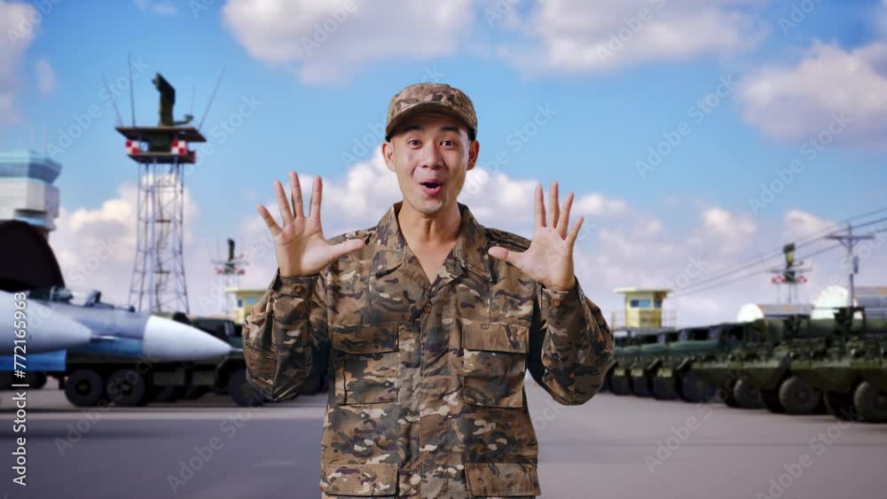 Asian Man Soldier Smiling And Saying Wow While Standing At Military Camp Asian Man Soldier Smiling And Saying Wow While Standing At Military Camp