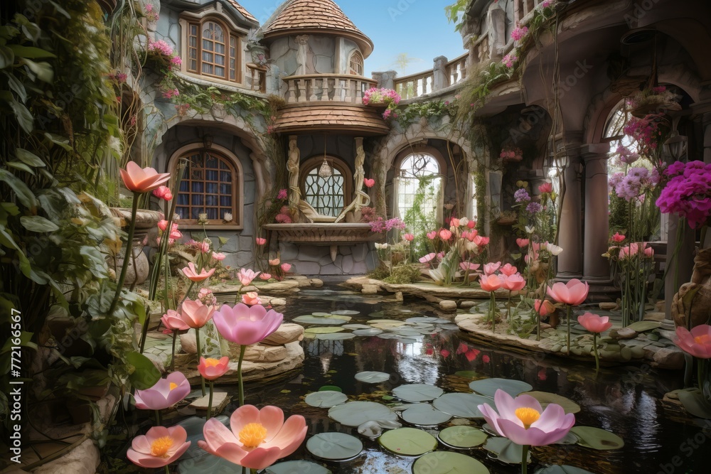 Architectural Pond flower mansion. Natural park. Generate Ai