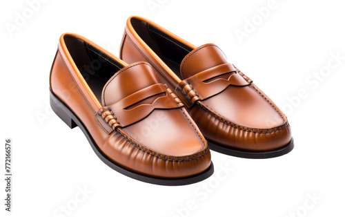 A pair of brown loafers resting on a white background
