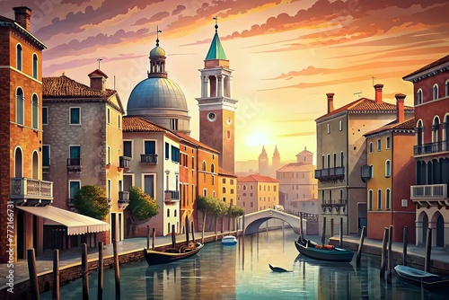 Venice Canal Sunset Gondolas Architecture Serenity Water Reflections Historic Buildings photo