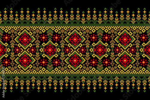 Pixel art patterns folk traditional black background, geometric ethnic seamless pattern vector illustration Design for Cross stitch Carpet Wallpaper Clothing Texti Fabric Wrapping Batik Embroidery