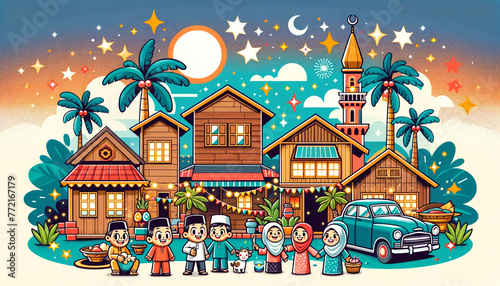 Hari Raya Aidilfitri illustration with muslim family character and traditional malay village house or kampung