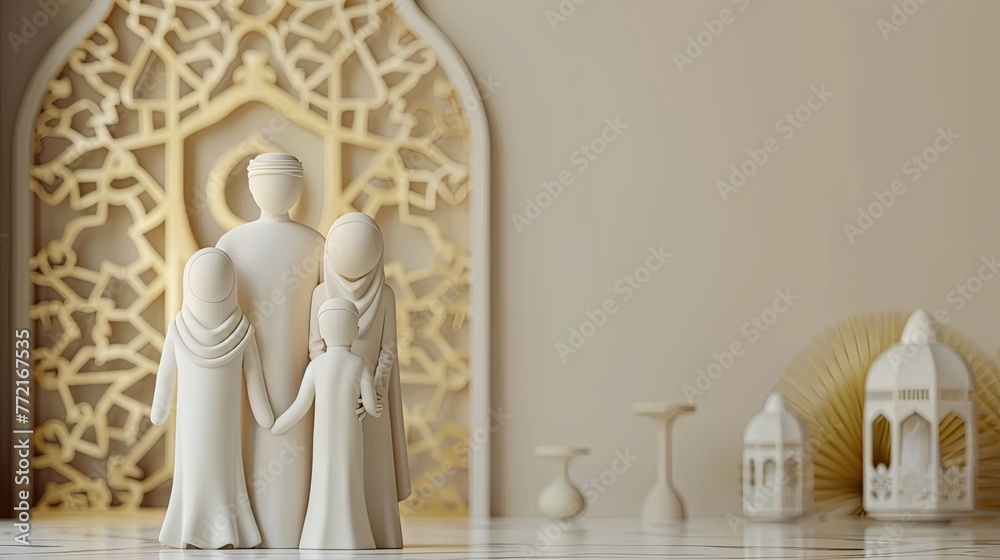 3D Muslim family decor with Ramadan decor with a simple background