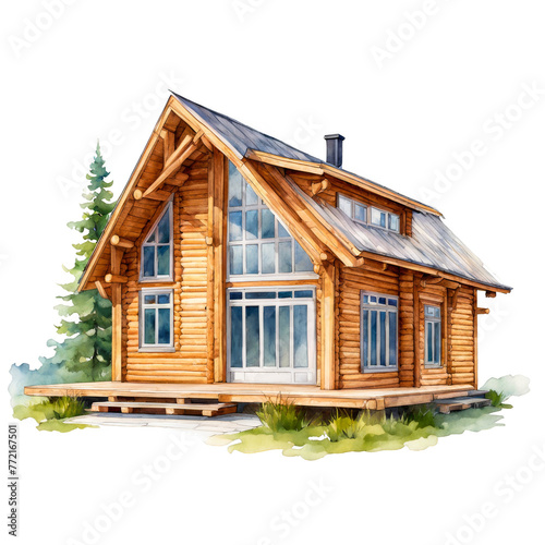 Scandinavian style log home with minimalist design, in forest, pine trees, nature, watercolor illustration, wooden architecture, clipart for scrapbook, junk journals, prints, sticker, cutout on white