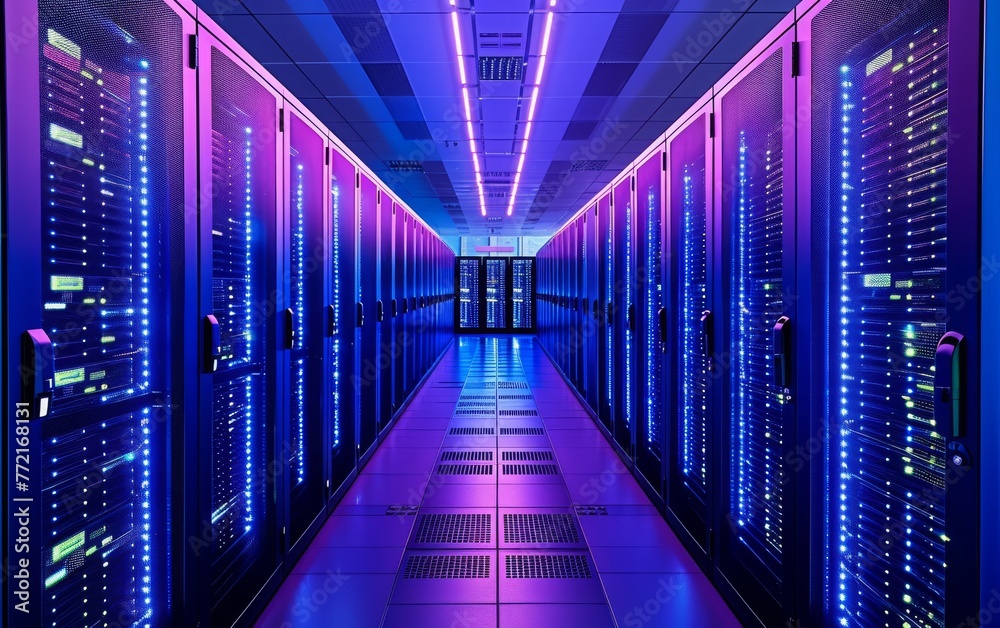 The symmetrical view of a data center with illuminated server racks The symmetrical view of a data center with illuminated server racks