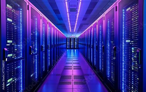 The symmetrical view of a data center with illuminated server racks