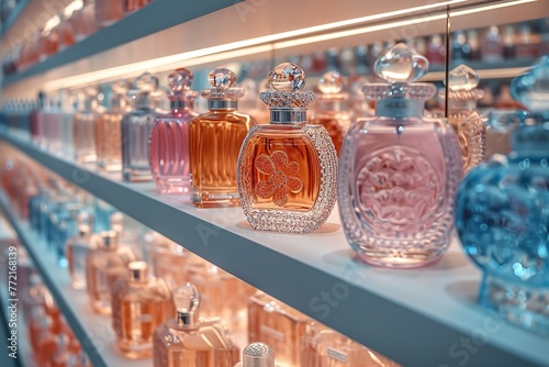 Generate a scene of a luxury perfume boutique with shelves of exquisite fragrance bottles