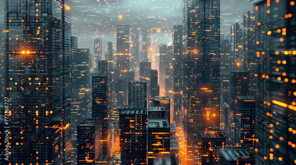 Futuristic city landscape in abstract background. cyberspace city simulation board technology.