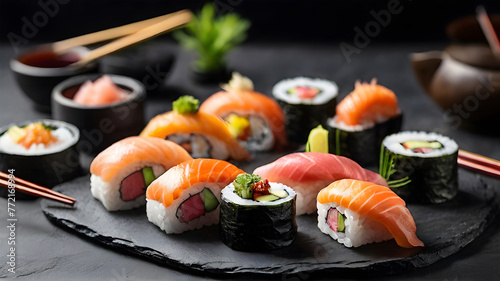 Set of sushi rolls and nigiri served on black stone slate.