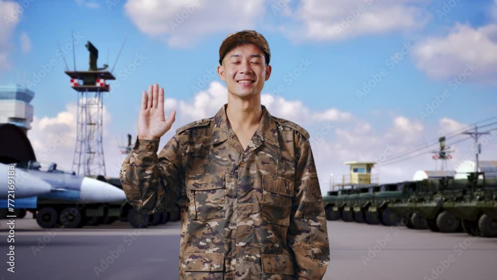 Asian Man Soldier Smiling, Waving Hand, And Saying Bye While Standing At Military Camp Asian Man Soldier Smiling, Waving Hand, And Saying Bye While Standing At Military Camp