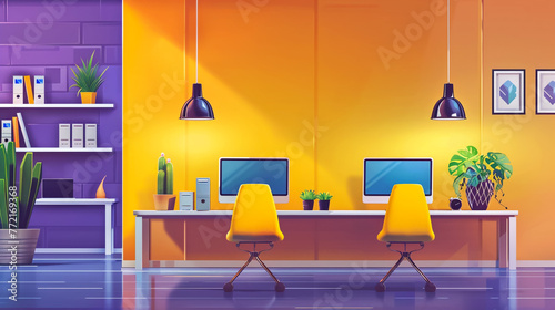 Modern coworking office interior. Large panoramic window with city skyscraper view. Desk with laptops, armchair, bookshelf. Cute cartoon design. Employee and colleague concept