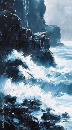 Wave Crashing on Rocky Shore A Painting of Ocean Waves and Rocks Generative AI