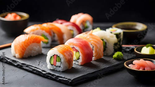 Set of sushi rolls and nigiri served on black stone slate.
