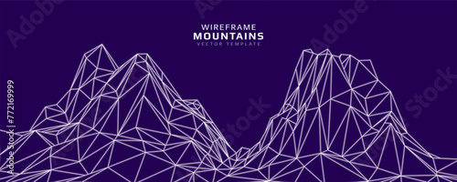 Wireframe mountains. Futuristic 3d mesh landscape. Digital polygonal hills technology. Vector illustration.
