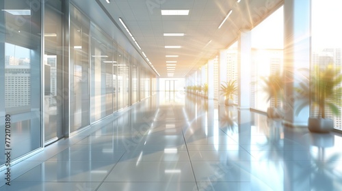 Spacious Modern Office Interior  Long Corridor with Blurred Background - Business Presentation  Wallpaper  Corporate Setting