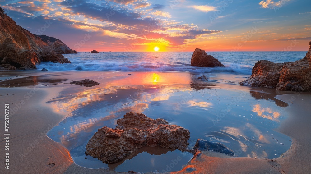 A sunset over a beach with rocks and water, AI
