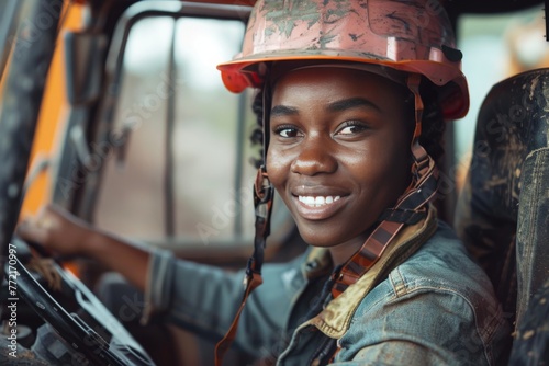 Photo portrait of young beautiful woman in helmet and workwear working as forklift driver, truck, construction machinery. Gender equality, men's work for women, weaker sex, work at construction site photo