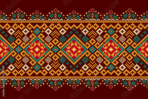 Pixel art patterns folk traditional black background, geometric ethnic seamless pattern vector illustration Design for Cross stitch Carpet Wallpaper Clothing Texti Fabric Wrapping Batik Embroidery