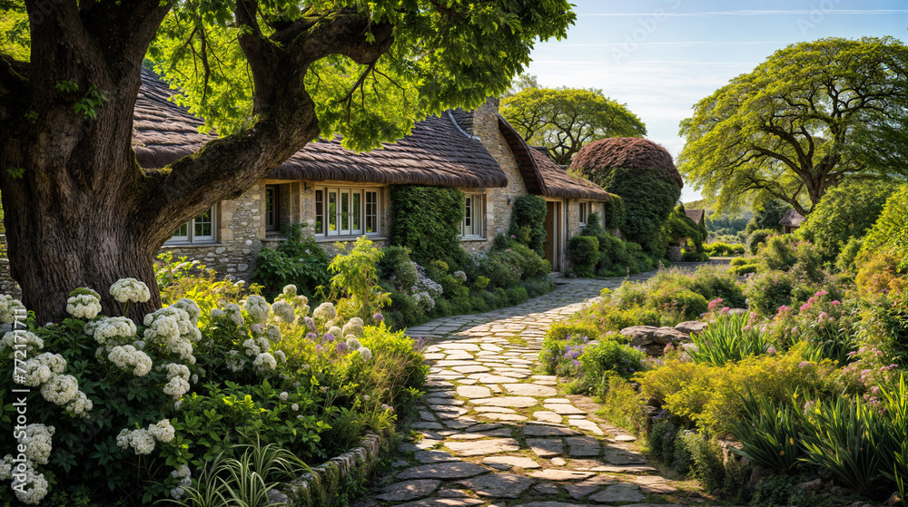 Natural green path leading to a traditional country cottage Natural green path leading to a traditional country cottage