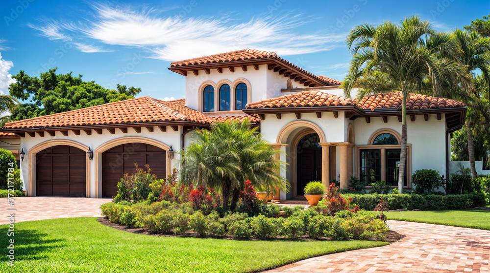 Front view of a luxury mediterranean villa with garden