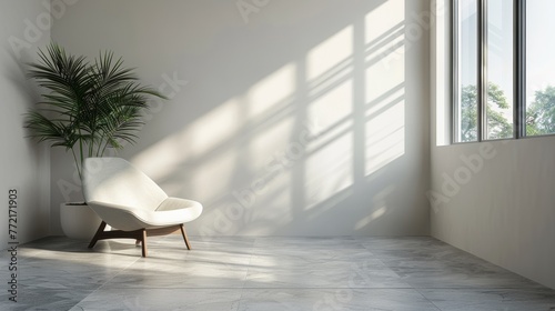A chair in a white room with large windows and sunlight  AI