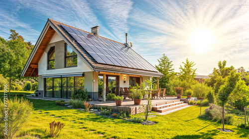 Eco-friendly house with solar panels on the roof in a green garden on a sunny day