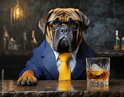 Mastiff dog dressed as businessman in a bar with a drink
