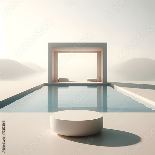 A serene and calm poolcore scene, featuring a minimalistic design, encapsulating the tranquility of poolside moments, evoking a sense of peace and relaxation. photo