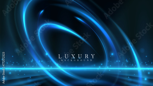 Blue neon abstract light swirls on a dark background with bokeh effect decorations.