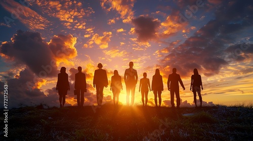 Successful Business Team Silhouetted Against Sunset, Exuding Confidence and Unity, Achieving Goals with AI Assistance