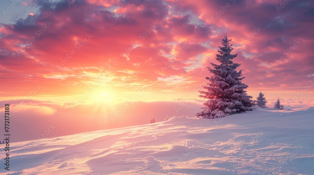 Christmas tree decorated with snow against the backdrop of a winter magnificent sunset and sky with clouds. Festive template for greeting card with copy space. Happy New Year. Christmas tree decorated with snow against the backdrop of a winter magnificent sunset and sky with clouds. Festive template for greeting card with copy space. Happy New Year.