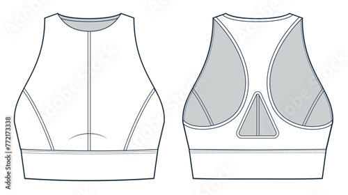 Sports Bra technical fashion illustration. Crop Top fashion flat technical drawing template, cutouts, slim fit, front and back view, white, women Activewear CAD mockup.