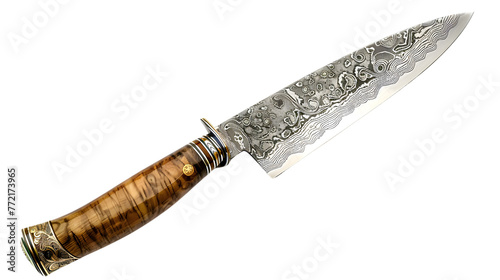 A transparent knife png file with a silver Damascus blade and a wooden handle