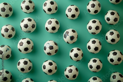 Pattern of Soccer Balls on Green Surface with Black and White Ball in Center