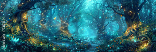 Enchanted Twilight Forest with Glowing Fireflies and Mysterious Fairy Lights in a Serene,Dreamlike Landscape