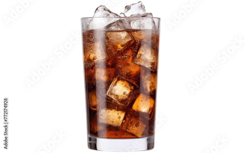 A tall glass overflows with ice cubes and fizzy cola, creating a refreshing and thirst-quenching beverage on a hot day