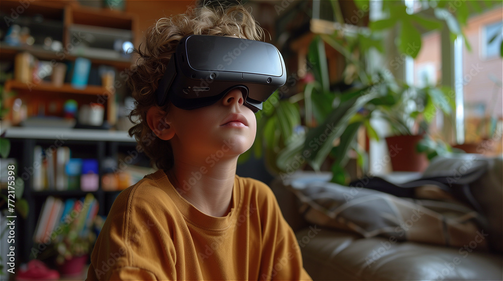 Boy using virtual reality in his home Boy using virtual reality in his home