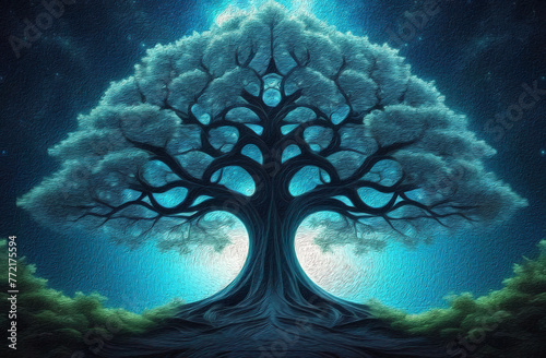 Fractal tree, tree, tree of life, night futuristic, fantasy landscape in blue tones with a neon glow in the style of oil painting. photo